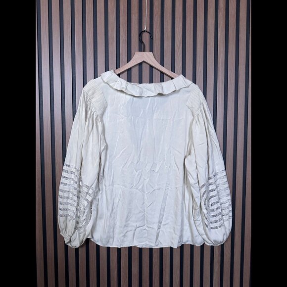 Elie Tahari Blouse Medium / Large Womens Woven Balloon Sleeve Collared Satin - Picture 2 of 6